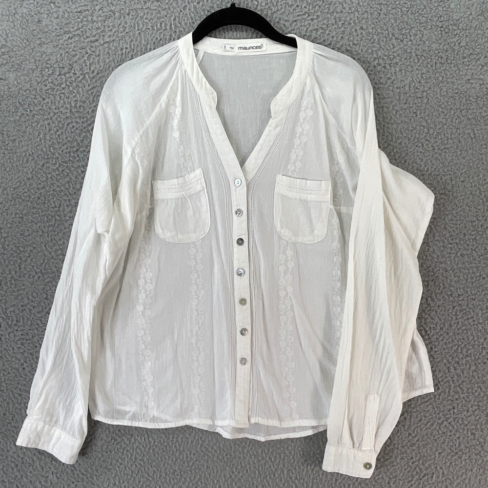 Maurices Embroidered Button Front Blouse Womens 1 White Excellent Boho Cotton